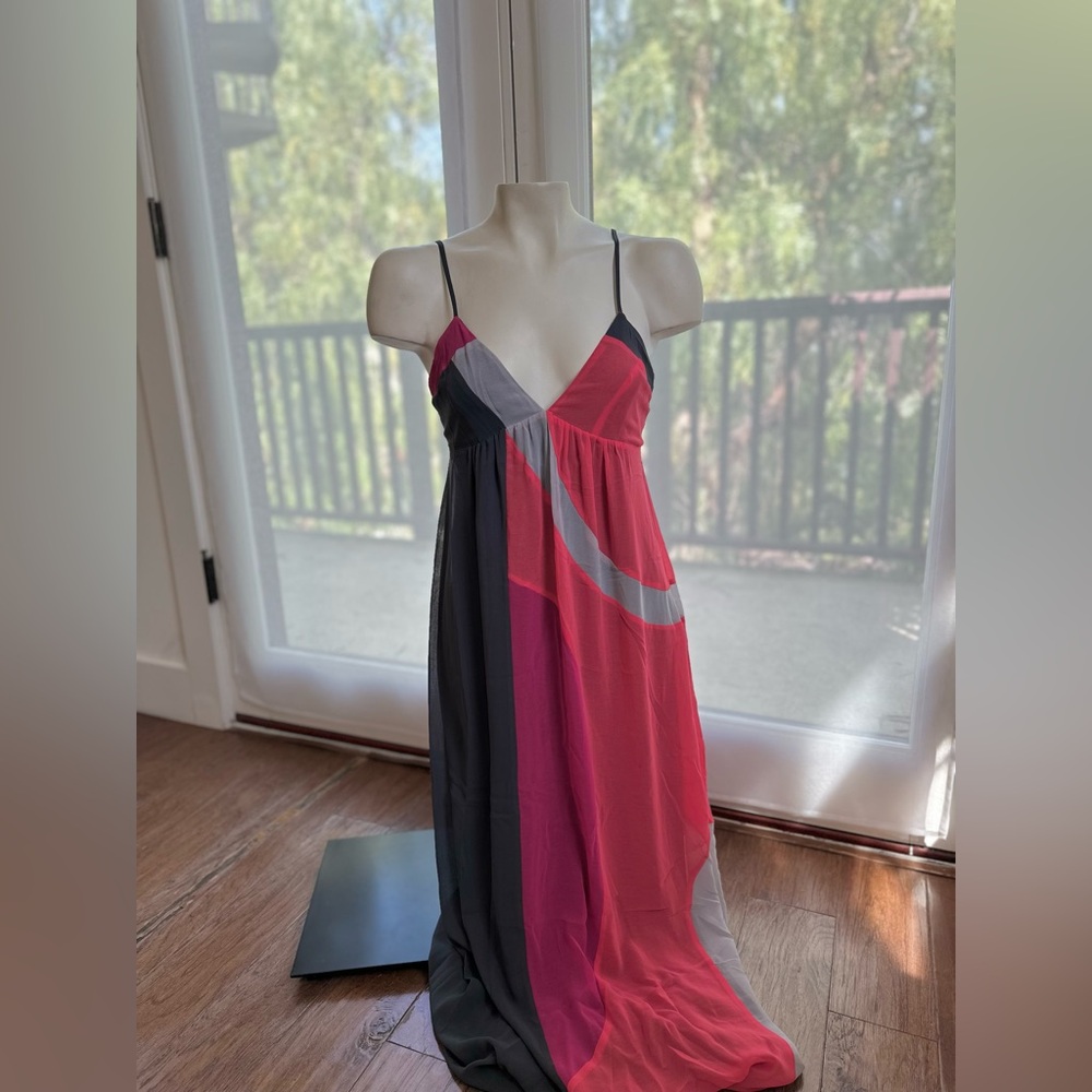 Pink and Gray Asymmetrical Tiered Maxi Sundress